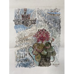 35."Цветок и корабли". 45 х 50 см. Бумага, масло, без оформления.